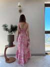 Askılı Bel Bağlama Detay Sırt Gipeli Desenli Uzun Elbise Pembe 2339