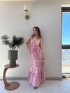Askılı Bel Bağlama Detay Sırt Gipeli Desenli Uzun Elbise Pembe 2339