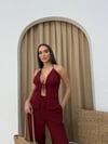 ASKILI DEKOLTE BLUZ VE PANTOLONLU GOFRE İKİLİ TAKIM BORDO