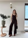 Askılı Fırfırlı Bluz ve Pantolonlu İkili Gofre Takım Kahve 2125