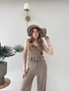 Askılı Fırfırlı Bluz ve Pantolonlu İkili Gofre Takım Vizon 2125