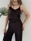 Askılı Fırfırlı Bluz ve Pantolonlu İkili Gofre Takım Kahve 2125