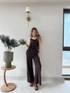 Askılı Fırfırlı Bluz ve Pantolonlu İkili Gofre Takım Kahve 2125