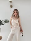 Askılı Fırfırlı Bluz ve Pantolonlu İkili Gofre Takım Bej 2125