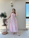 Askılı Ters Dikiş Detay Keten Uzun Elbise Pembe 2216