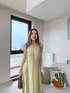 Askılı Ters Dikiş Detay Keten Uzun Elbise Haki 2216