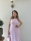 Askılı Ters Dikiş Detay Keten Uzun Elbise Pembe 2216