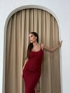 ASKILI YIRTMAÇLI UZUN TRİKO ELBİSE BORDO