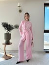 Bel Aksesuar Detay Saçaklı Bluz ve Pantolonlu Tensel İkili Takım Pembe 2141