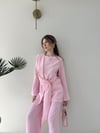 Bel Aksesuar Detay Saçaklı Bluz ve Pantolonlu Tensel İkili Takım Pembe 2141
