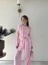 Bel Aksesuar Detay Saçaklı Bluz ve Pantolonlu Tensel İkili Takım Pembe 2141
