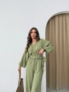 BEL BAGLAMALI BLUZ VE PANTOLONLU KETEN İKİLİ TAKIM HAKİ