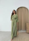 BEL BAGLAMALI BLUZ VE PANTOLONLU KETEN İKİLİ TAKIM HAKİ