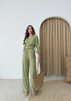 BEL BAGLAMALI BLUZ VE PANTOLONLU KETEN İKİLİ TAKIM HAKİ