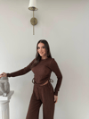 Bel Büzgülü Gofre Bluz ve Pantolonlu Gofre Takım Kahve 2047