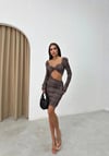 BEL DEKOLTE DETAY LEOPAR DESEN SANDY ELBİSE