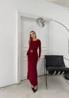 BEL DRAPE AKSESUAR DETAY UZUN SANDY ELBİSE BORDO