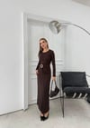 BEL DRAPE AKSESUAR DETAY UZUN SANDY ELBİSE KAHVE