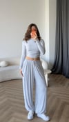 Bel Drape Detay Bluz ve Paça Lastikli Viskon İkili Takım Gri 2420