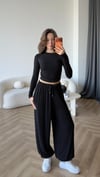 Bel Drape Detay Bluz ve Paça Lastikli Viskon İkili Takım Siyah 2420