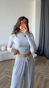 Bel Drape Detay Bluz ve Paça Lastikli Viskon İkili Takım Gri 2420