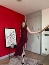Bel Drape Detay Yırtmaçlı Uzun Gofre Elbise Bordo 2177