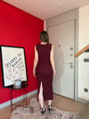 Bel Drape Detay Yırtmaçlı Uzun Gofre Elbise Bordo 2177