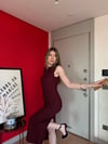 Bel Drape Detay Yırtmaçlı Uzun Gofre Elbise Bordo 2177
