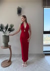 Bel Kemer Aksesuar Detay Sırt Dekolte Uzun Elbise Kırmızı 2365