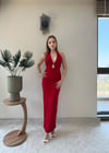 Bel Kemer Aksesuar Detay Sırt Dekolte Uzun Elbise Kırmızı 2365