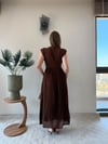 Bel Kemer Detay Etek Keten Üst Tişört Detay Uzun Elbise Acı Kahve 2378