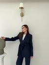 Bel Kuşaklı Blazer Ceket Ve Pantolonlu Double Kumaş İkili Takım Lacivert 2084