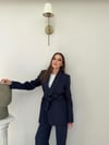 Bel Kuşaklı Blazer Ceket Ve Pantolonlu Double Kumaş İkili Takım Lacivert 2084
