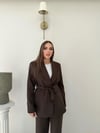 Bel Kuşaklı Blazer Ceket Ve Pantolonlu Double Kumaş İkili Takım Kahverengi 2084