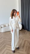 Bel Kuşaklı Fermuarlı Hırka ve Pantolonlu Modal İkili Takım Ekru 2467