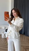 Bel Kuşaklı Fermuarlı Hırka ve Pantolonlu Modal İkili Takım Ekru 2467
