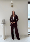 Bel Kuşaklı İç Astarlı Blazer Ceket Ve Palazzo Bel Lastikli Pantolonlu İkili Kumaş Takım Mürdüm 2051
