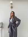 Bel Kuşaklı İç Astarlı Blazer Ceket Ve Palazzo Bel Lastikli Pantolonlu İkili Kumaş Takım Gri 2051