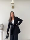 Bel Kuşaklı İç Astarlı Blazer Ceket Ve Palazzo Bel Lastikli Pantolonlu İkili Kumaş Takım Siyah 2051