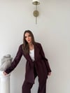 Bel Kuşaklı İç Astarlı Blazer Ceket Ve Palazzo Bel Lastikli Pantolonlu İkili Kumaş Takım Mürdüm 2051