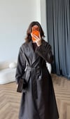 Bel Kuşaklı Uzun Oversize İç Astarlı Deri Mont Kahve 2486