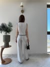 Biye Detay Asimetrik Bluz ve Pantolon Yırtmaçlı İkili Keten Takım Taş 2313