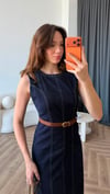 Biye Detay Kemerli Kot Elbise Lacivert 2406