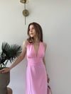 Boyun ve Bel Bağlama Detay Yırtmaçlı Modal Elbise Pembe 2347
