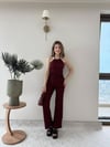 Boyundan Bağlamalı Aksesuar Detay Asimetrik Bluz ve Pantolonlu İkili Gofre Takım Bordo 2130