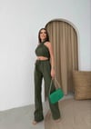 BOYUNDAN BAĞLAMALI BLUZ VE PANTOLONLU KETEN İKİLİ TAKIM HAKİ