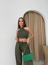 BOYUNDAN BAĞLAMALI BLUZ VE PANTOLONLU KETEN İKİLİ TAKIM HAKİ
