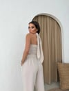 BOYUNDAN BAĞLAMALI BLUZ VE PANTOLONLU KETEN İKİLİ TAKIM KREM