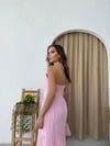 BOYUNDAN BAĞLAMALI İÇ ASTARLI KETEN UZUN ELBİSE PEMBE