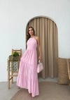 BOYUNDAN BAĞLAMALI İÇ ASTARLI KETEN UZUN ELBİSE PEMBE